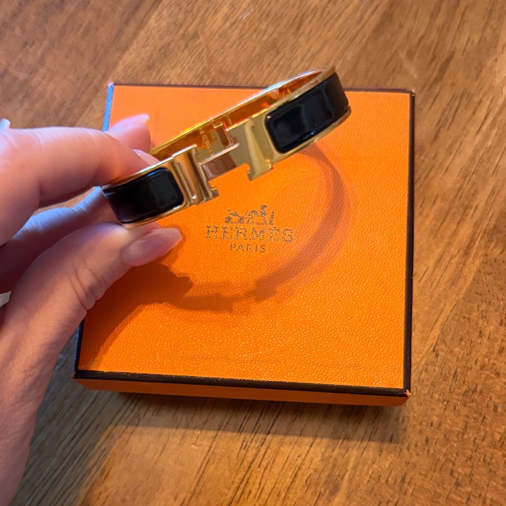 Hermes Black and Gold H Cuff Bracelet